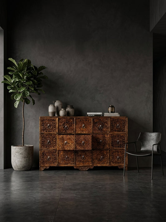 Hand-Carved Wooden 15-Drawer Apothecary Cabinet - Pure Wooden Cabinet