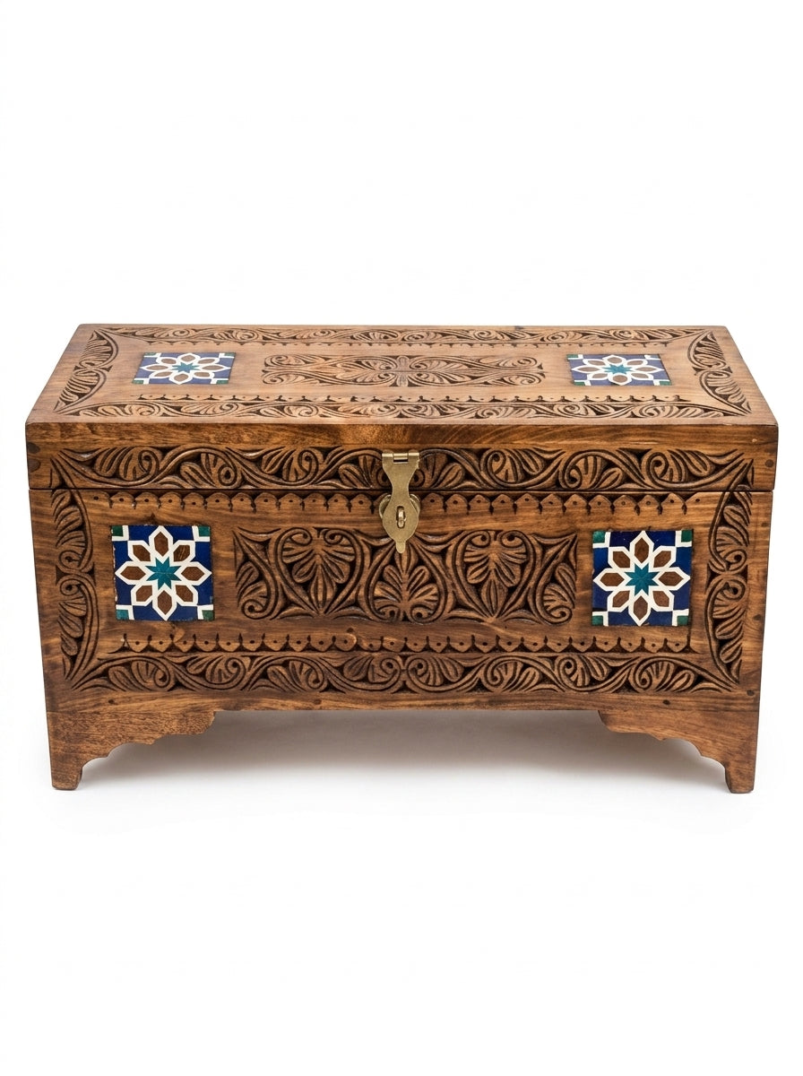 Handcrafted Wooden Ottoman Storage Box - Wooden Storage Boxes with Inlay