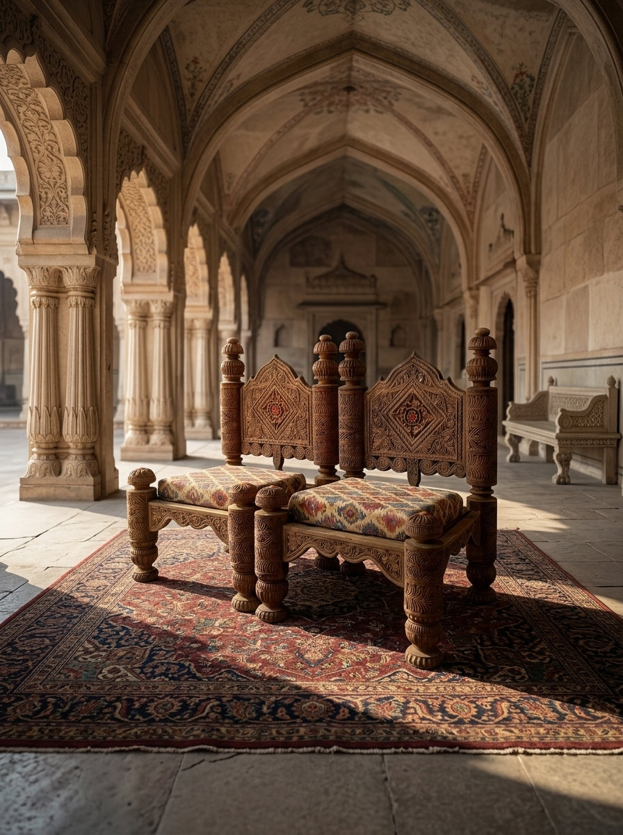 Hand-Carved Wooden Low Seating Chairs Set – Traditional Swati Design