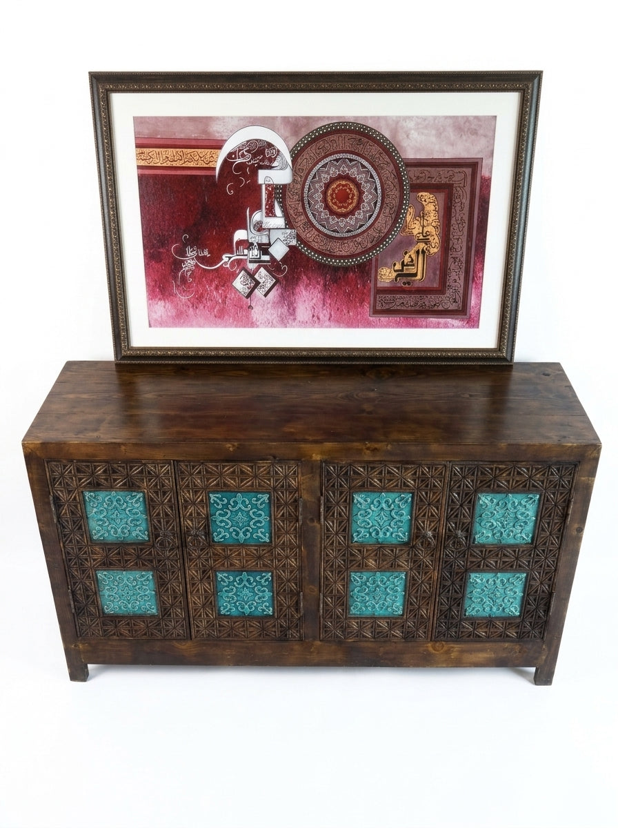 Hand-Carved Wooden Credenza Cabinet – Swati Art Tile Inlay Sideboard