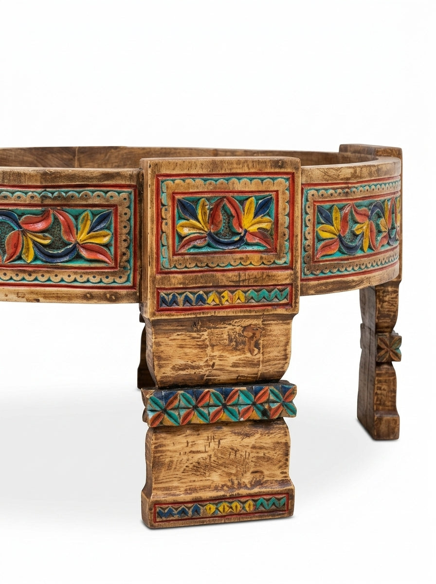 Handcrafted Boho Coffee Table - Vintage Round Wooden Low Profile Centerpiece