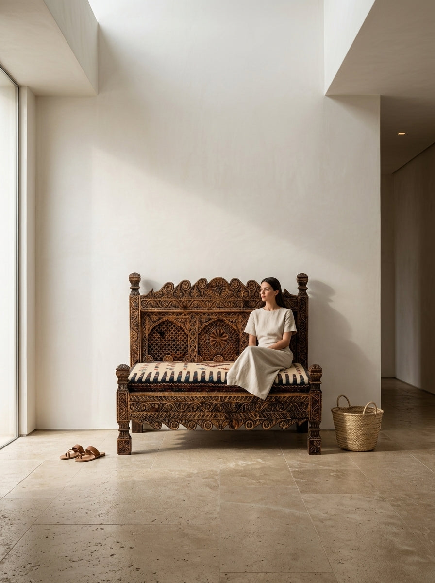 Hand-Carved Swati Wooden Bench with Upholstered Seat