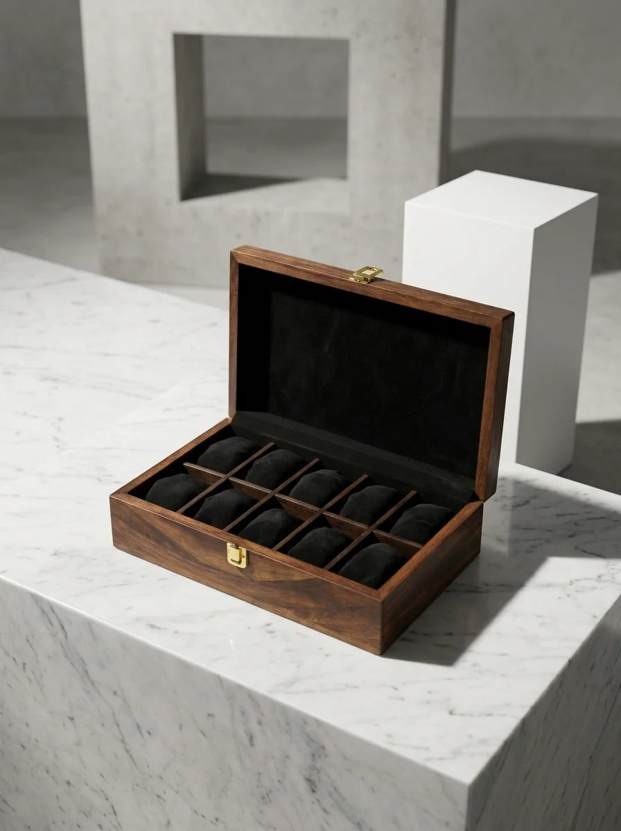 Handcrafted Wooden Watch Box, 10 Slots | Plain Top, Plain Design | Sheesham Wood