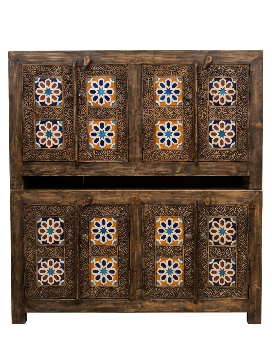 Hand-Carved Wooden 4-Door Swati Tile Inlay Cabinet Espresso Finish Credenza