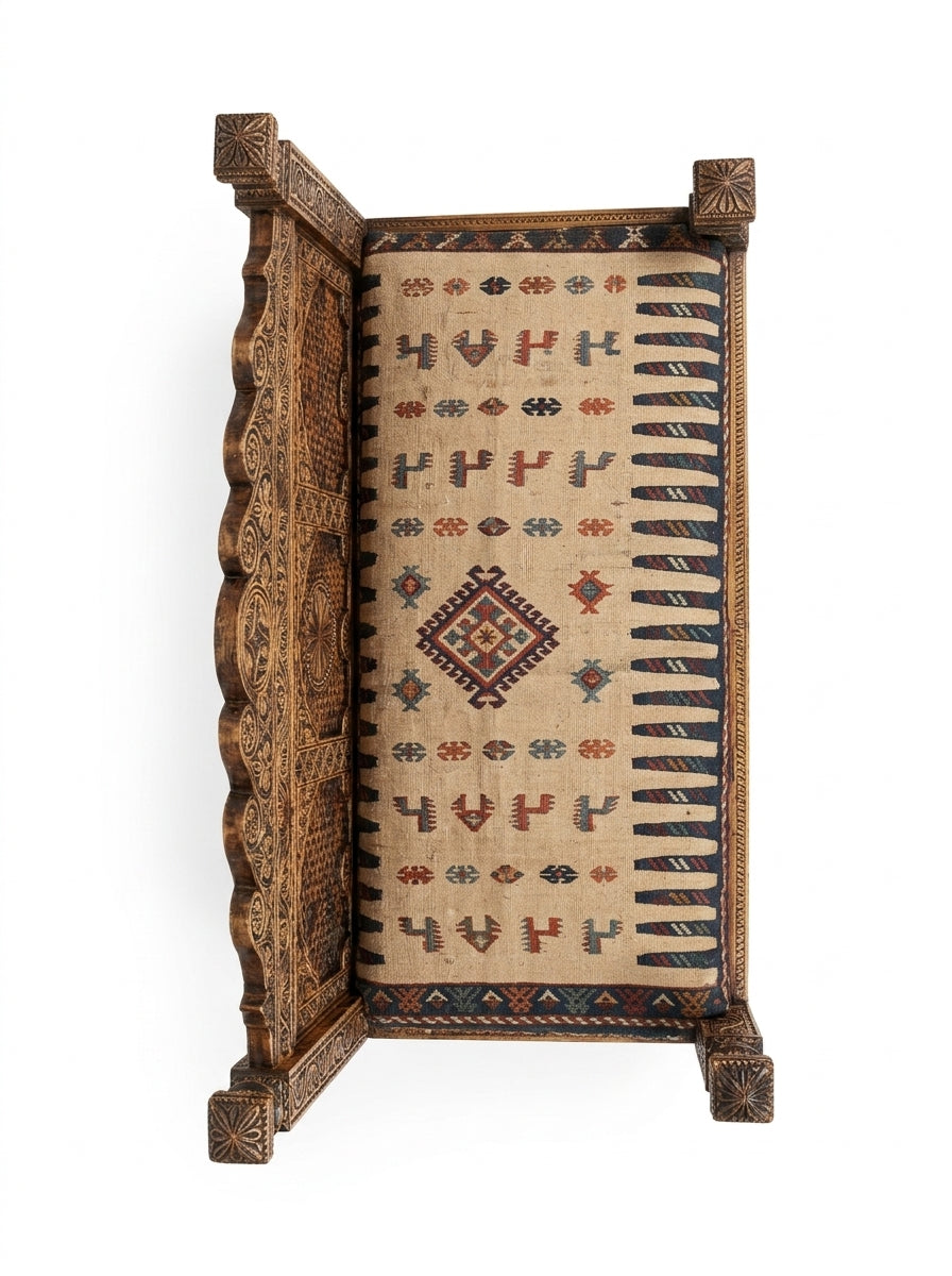 Hand-Carved Swati Wooden Bench with Upholstered Seat