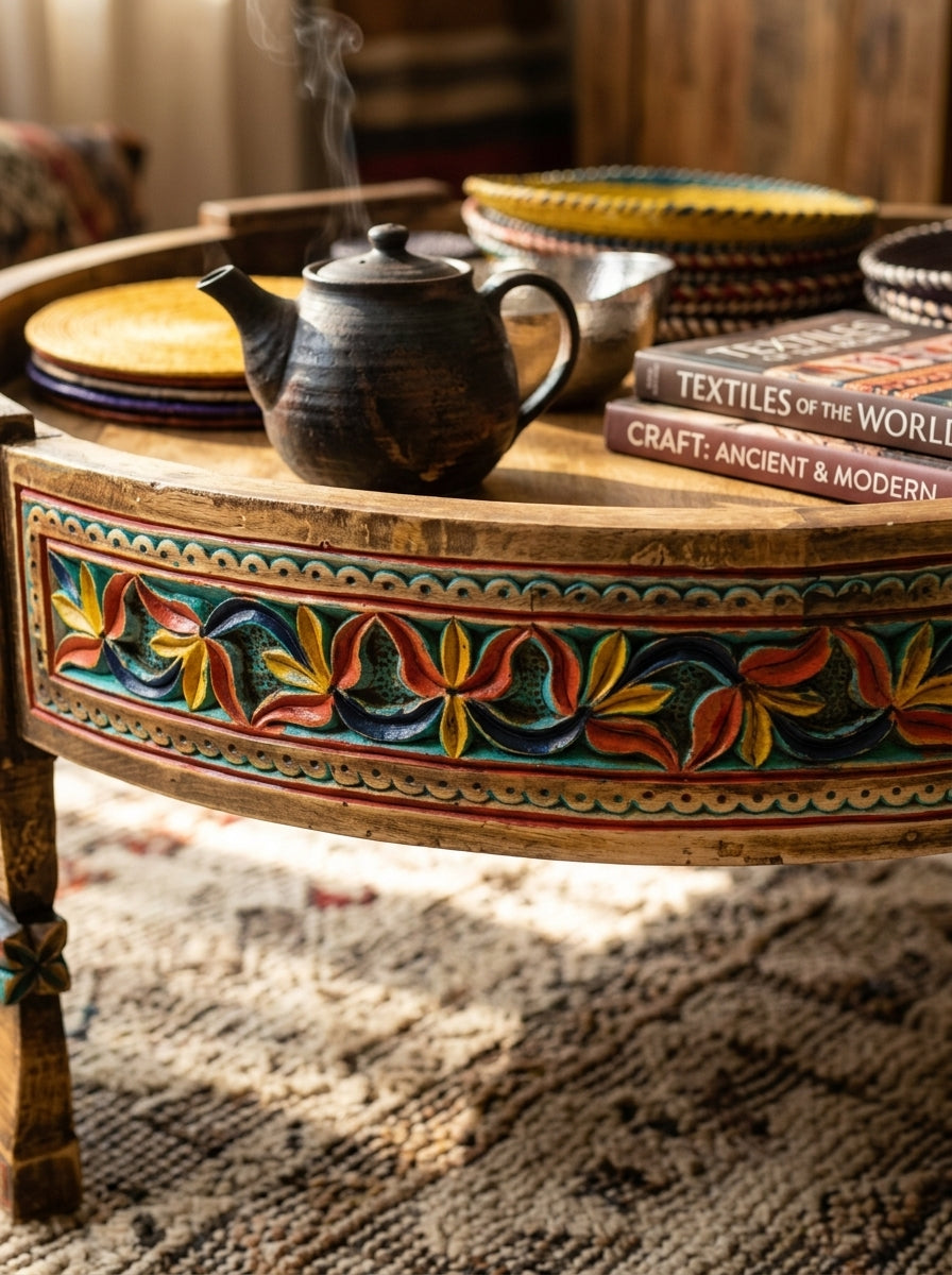 Handcrafted Boho Coffee Table - Vintage Round Wooden Low Profile Centerpiece