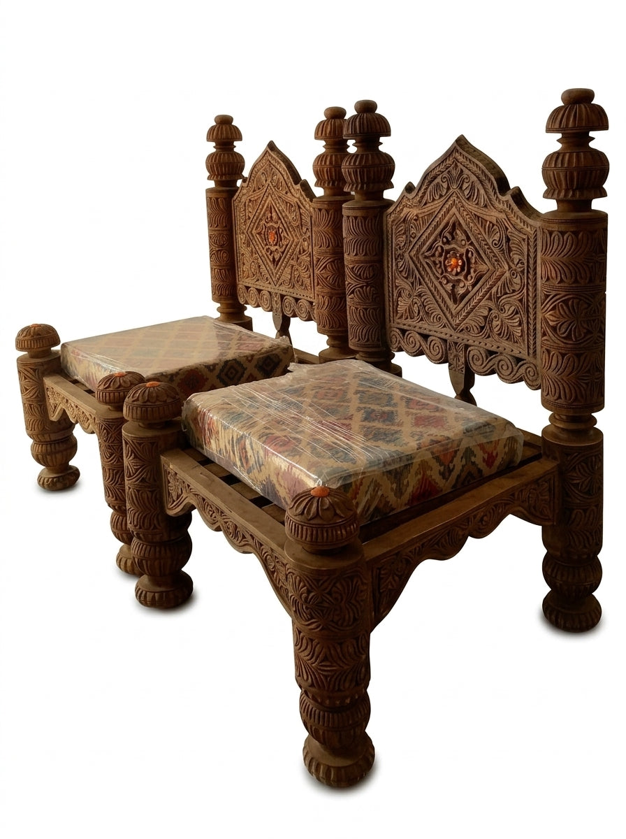 Hand-Carved Wooden Low Seating Chairs Set – Traditional Swati Design