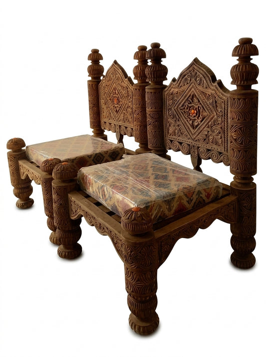 Hand-Carved Wooden Low Seating Chairs Set – Traditional Swati Design