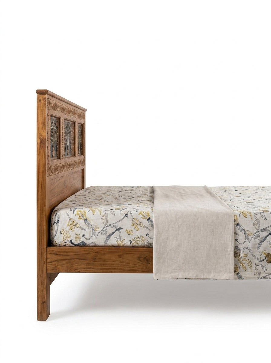 Hand-Carved Swati Floral Inlay Twin Bed with Matching Nightstand