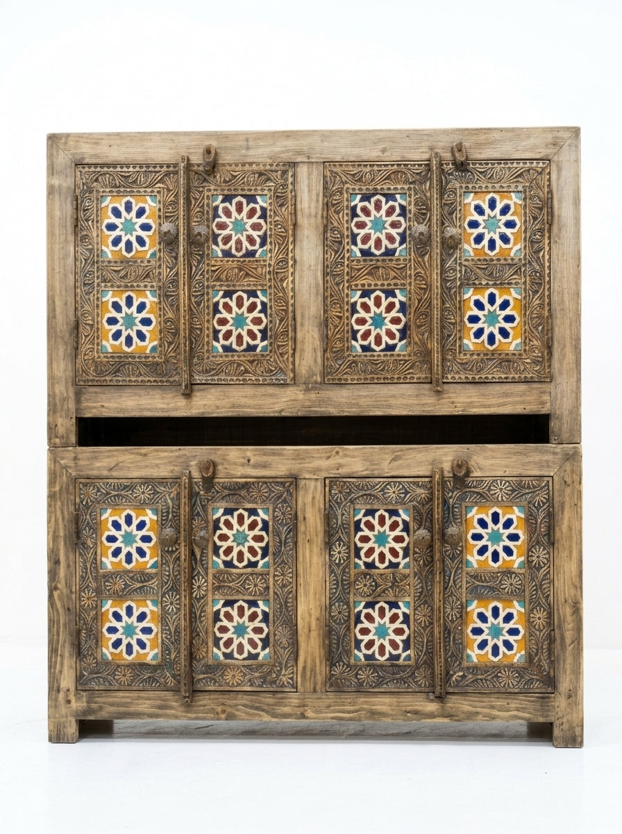 Hand-Carved Wooden 4-Door Swati Storage Cabinet – Tile Inlay Art