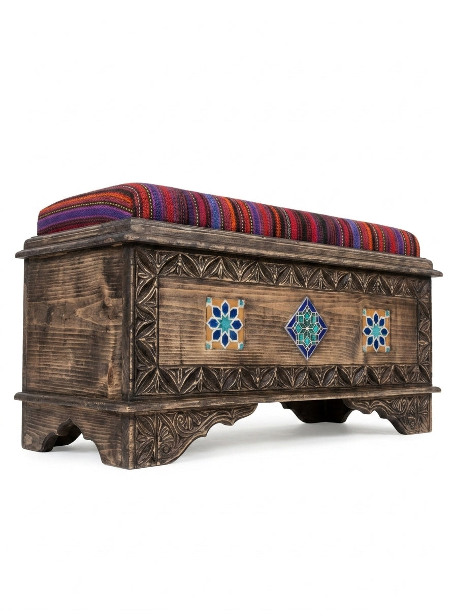 Hand-Carved Swati Wooden Storage Bench with Striped Kilim Cushion