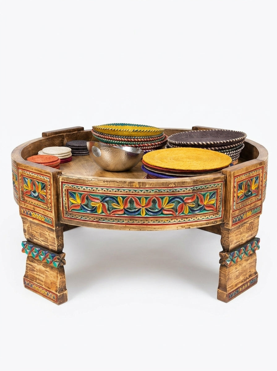Handcrafted Boho Coffee Table - Vintage Round Wooden Low Profile Centerpiece