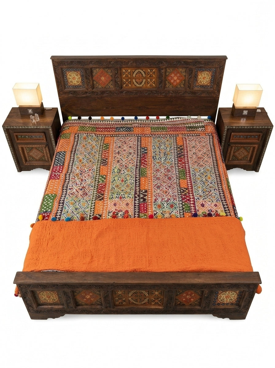 Hand-Carved Wooden Swati Bed Frame with Matching Nightstands