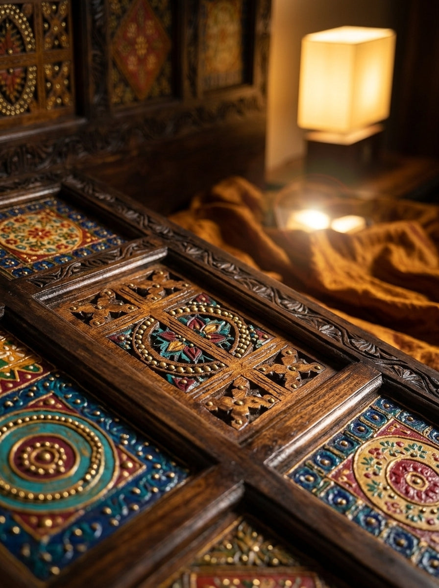Hand-Carved Wooden Swati Bed Frame with Matching Nightstands
