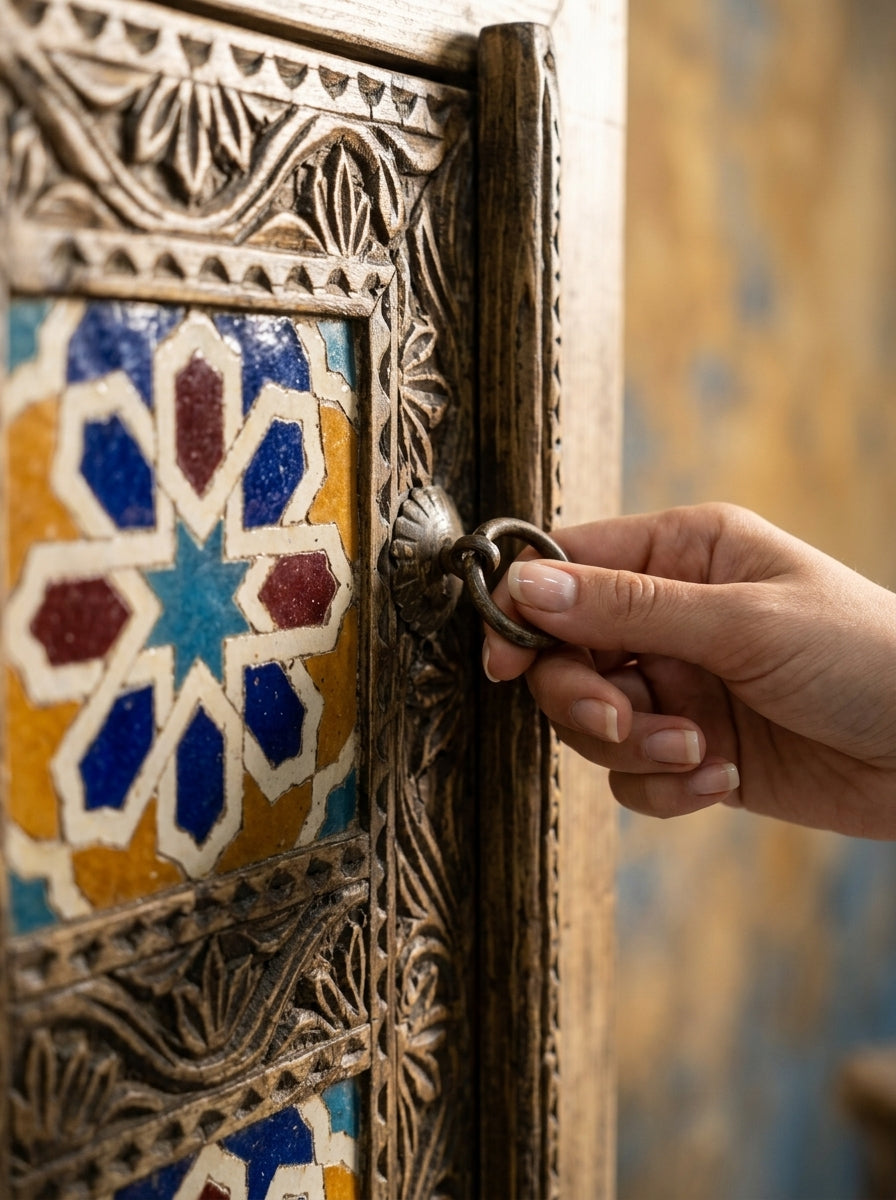 Hand-Carved Wooden 4-Door Swati Storage Cabinet – Tile Inlay Art
