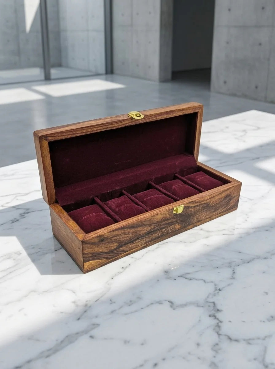 Handcrafted Wooden Watch Box 5 Slots | Plain Design | Sheesham Wood