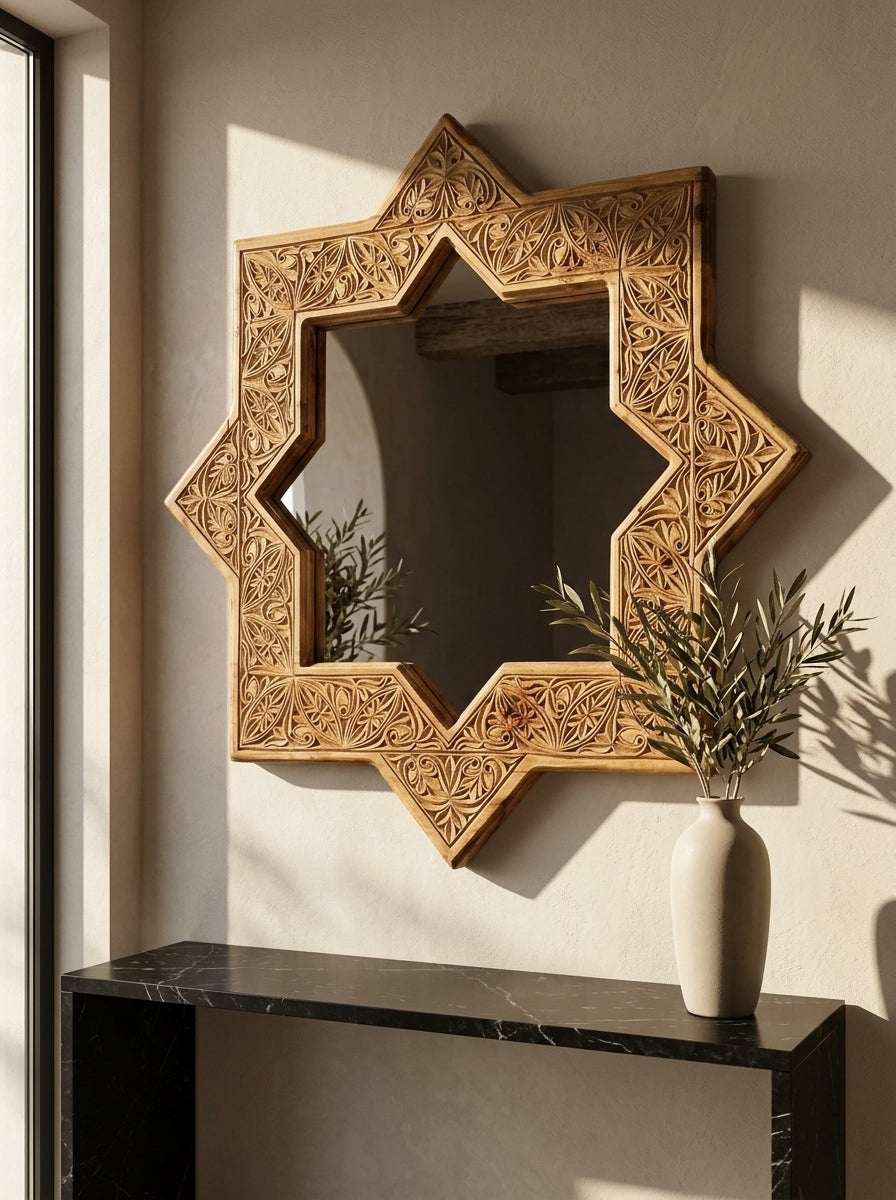 Hand Carved Wooden Wall Mirror Design - Star Shaped Mirror