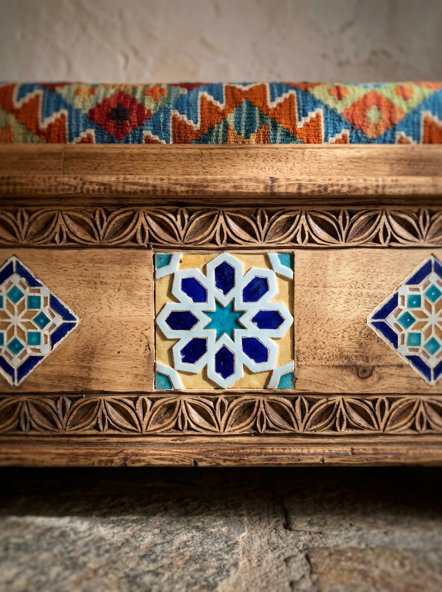 Hand-Carved Swati Wooden Storage Bench with Geometric Kilim Cushion