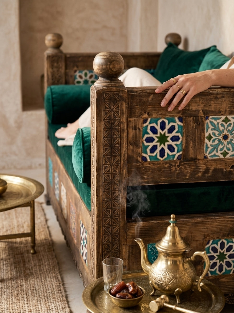 Hand-Carved Swati Art Wooden Bench – Traditional Tile Inlay 2 Seater Bench