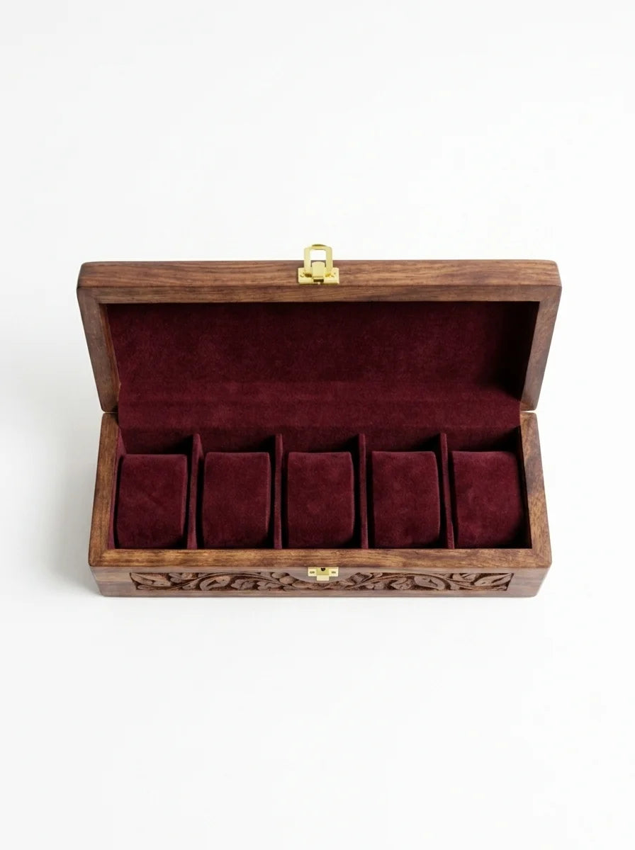 Handcrafted Wooden Watch Box - 5 Slots | Carved Sides, Shape-Holding Cushions | Sheesham Wood