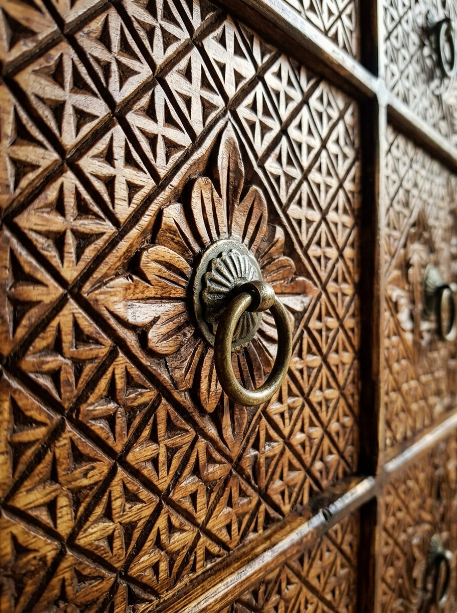 Hand-Carved Wooden 15-Drawer Apothecary Cabinet - Pure Wooden Cabinet