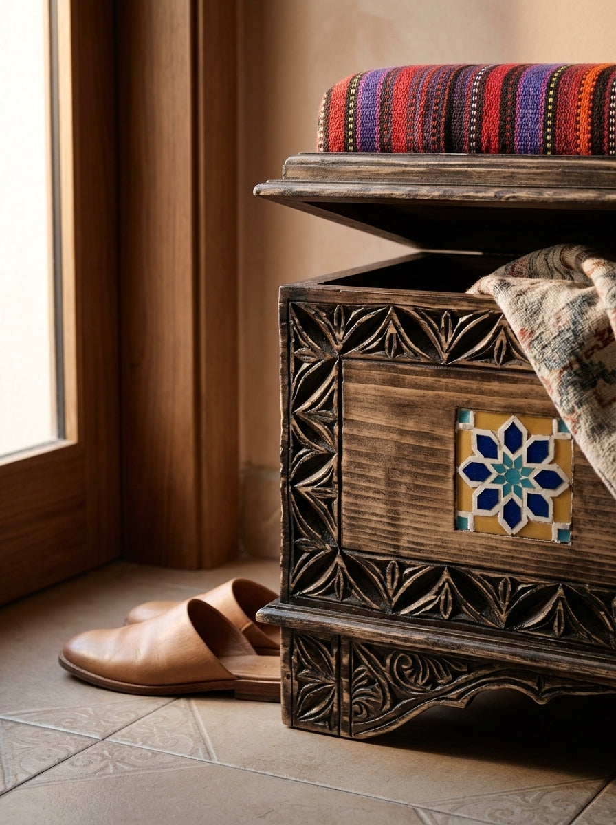 Hand-Carved Swati Wooden Storage Bench with Striped Kilim Cushion