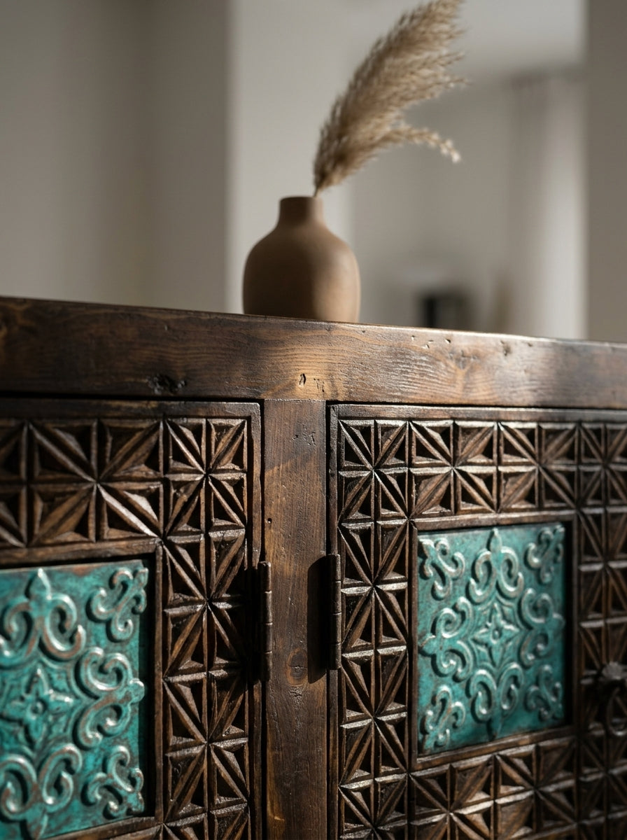 Hand-Carved Wooden Credenza Cabinet – Swati Art Tile Inlay Sideboard