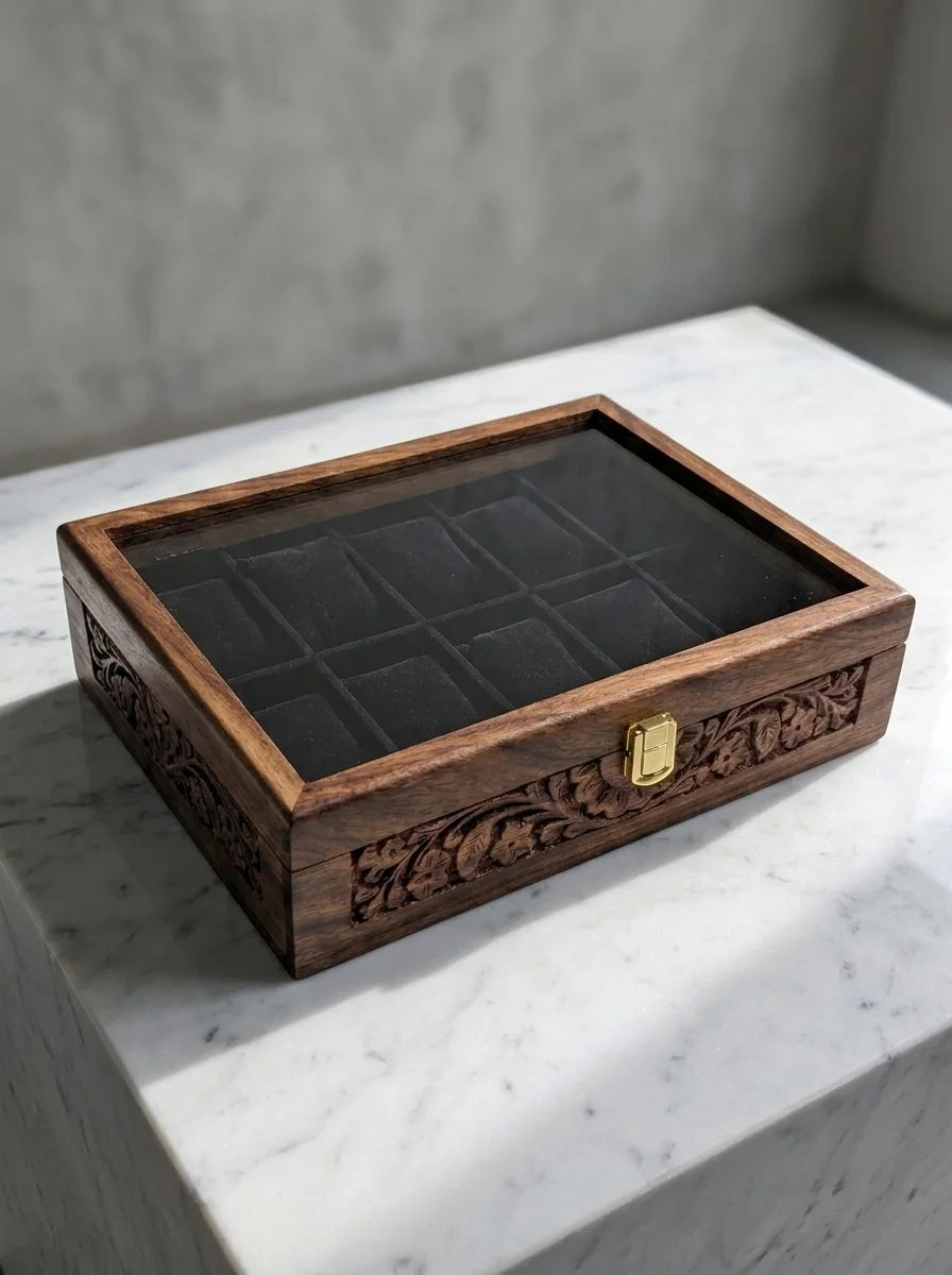 Handcrafted Wooden Watch Box 10 Slots | Glass Lid, Carved Design, Soft Velvet Cushions | Sheesham Wood