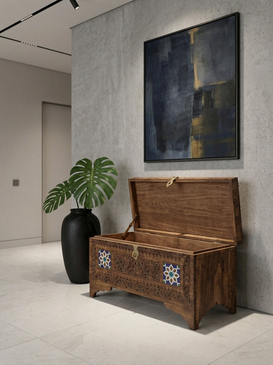 Handcrafted Wooden Ottoman Storage Box - Wooden Storage Boxes with Inlay