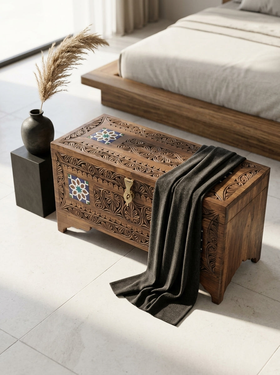 Handcrafted Wooden Ottoman Storage Box - Wooden Storage Boxes with Inlay