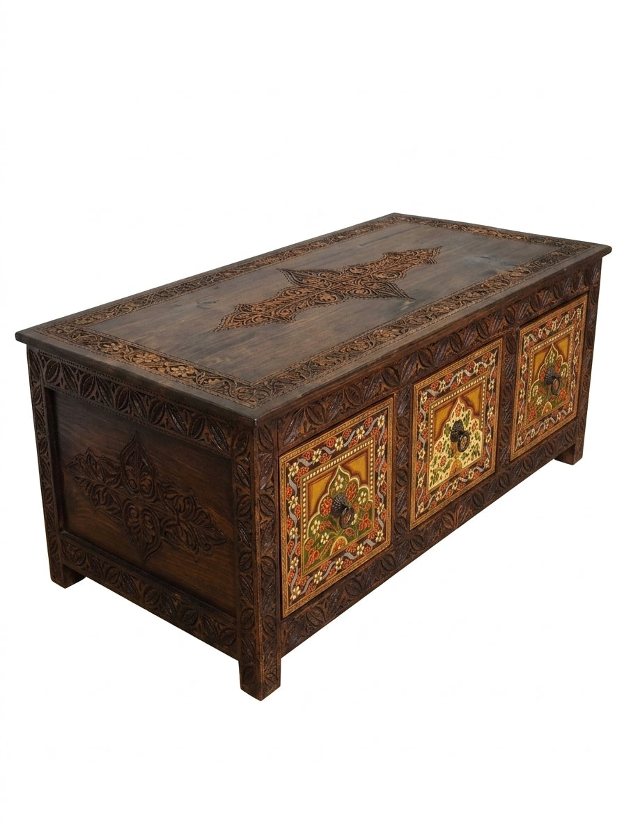 Vintage Wooden Storage Chest – Swati Art Hand-Painted Storage Chest