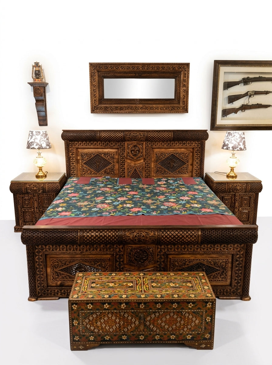 Hand-Carved Swati Wooden Bed Set – King Bed with Nightstands & Trunk