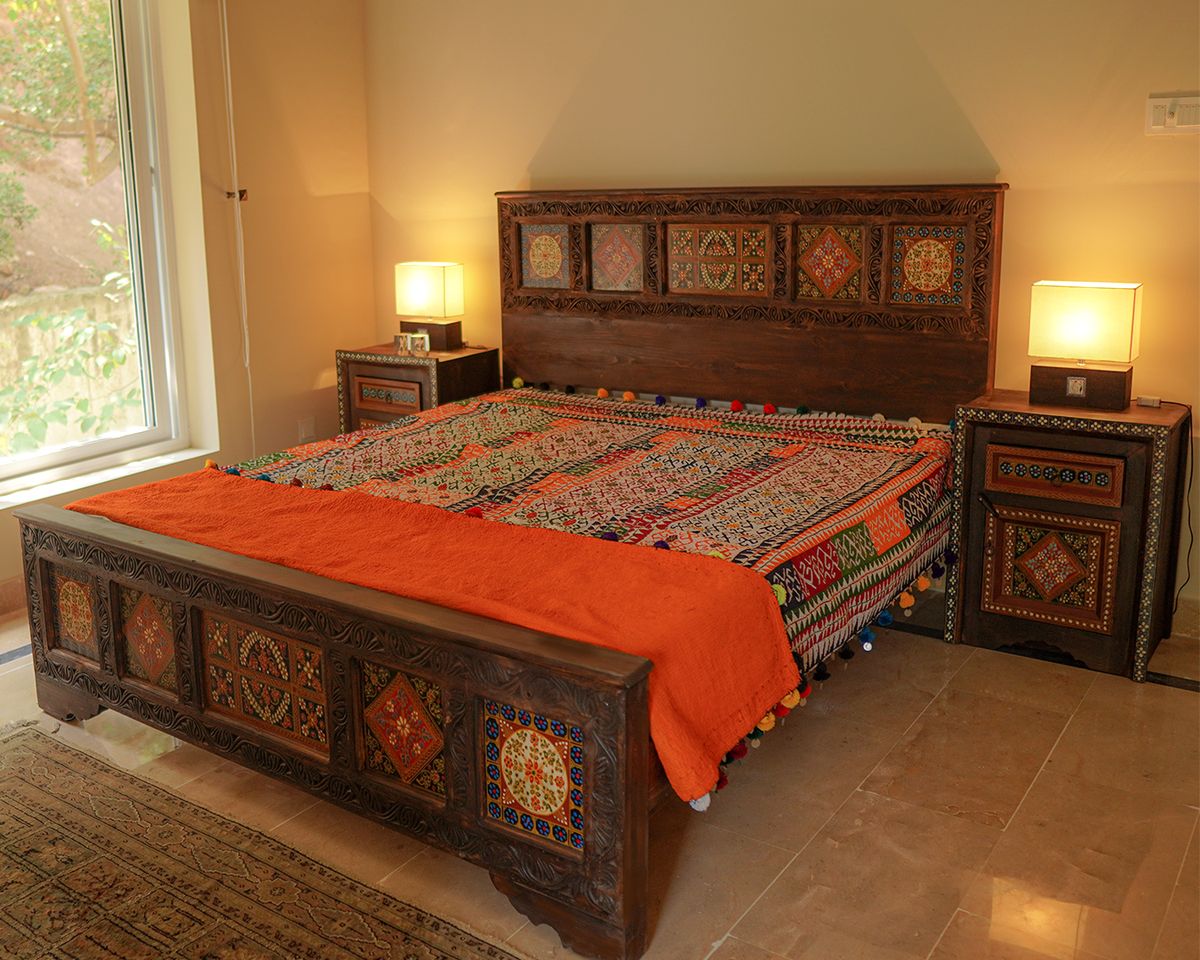 Hand-Carved Wooden Swati Bed Frame with Matching Nightstands