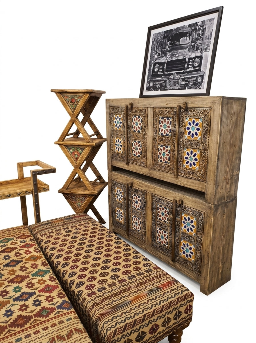 Hand-Carved Wooden 4-Door Swati Storage Cabinet – Tile Inlay Art