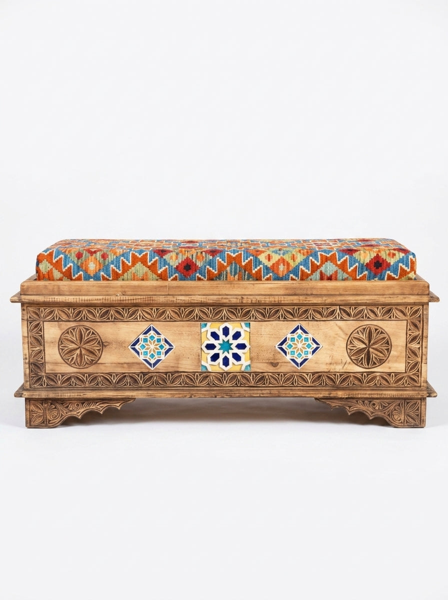 Hand-Carved Swati Wooden Storage Bench with Geometric Kilim Cushion