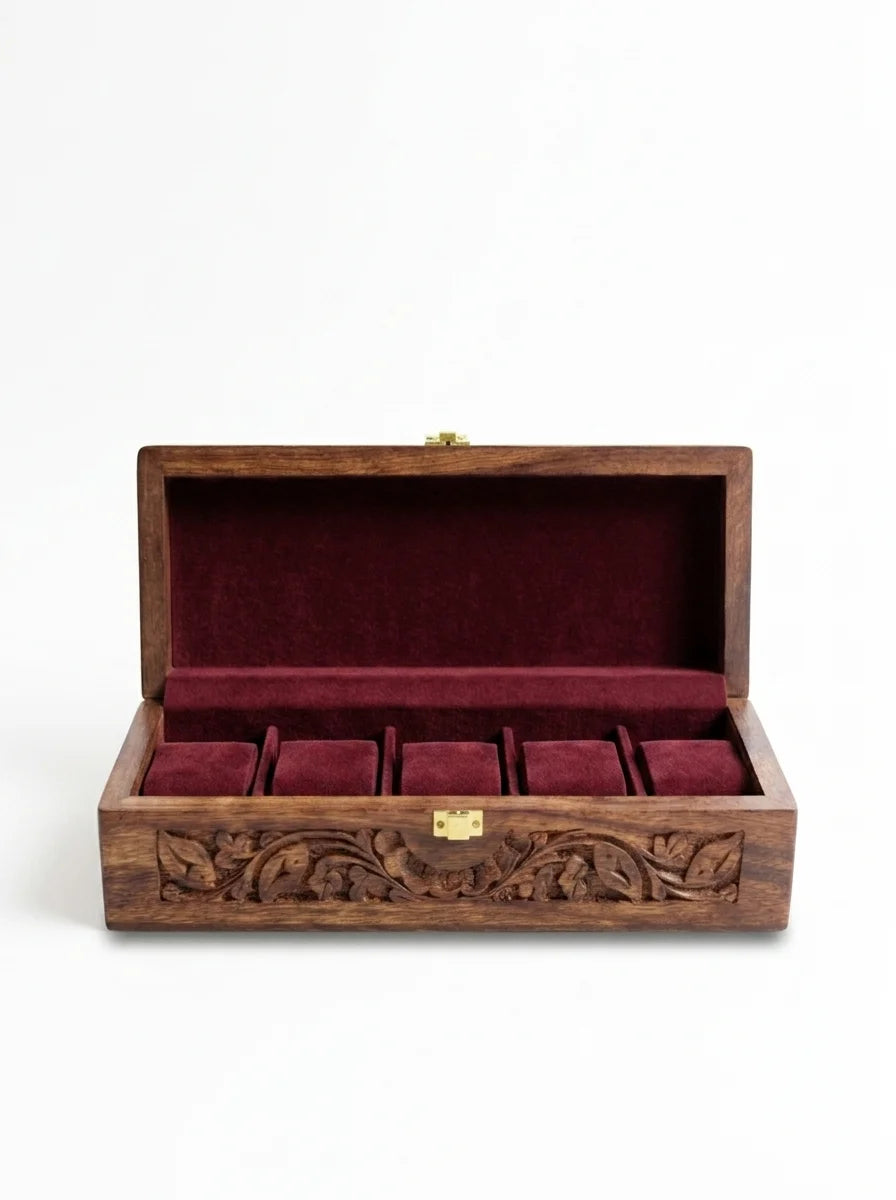 Handcrafted Wooden Watch Box - 5 Slots | Carved Sides, Shape-Holding Cushions | Sheesham Wood
