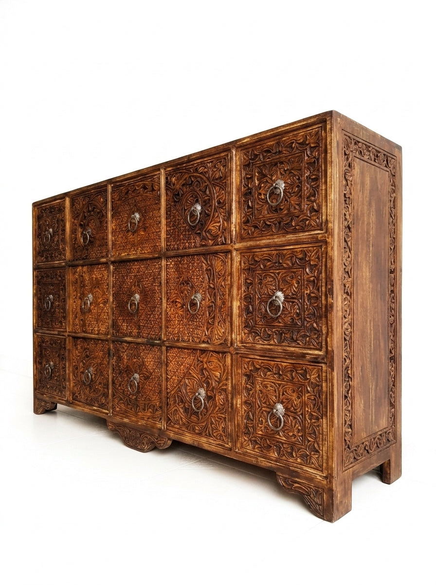 Hand-Carved Wooden 15-Drawer Apothecary Cabinet - Pure Wooden Cabinet