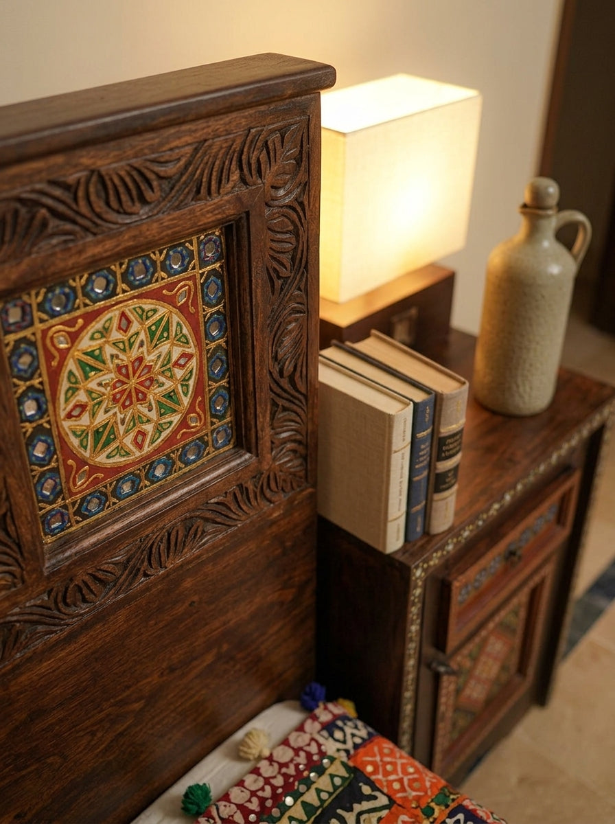 Hand-Carved Wooden Swati Bed Frame with Matching Nightstands
