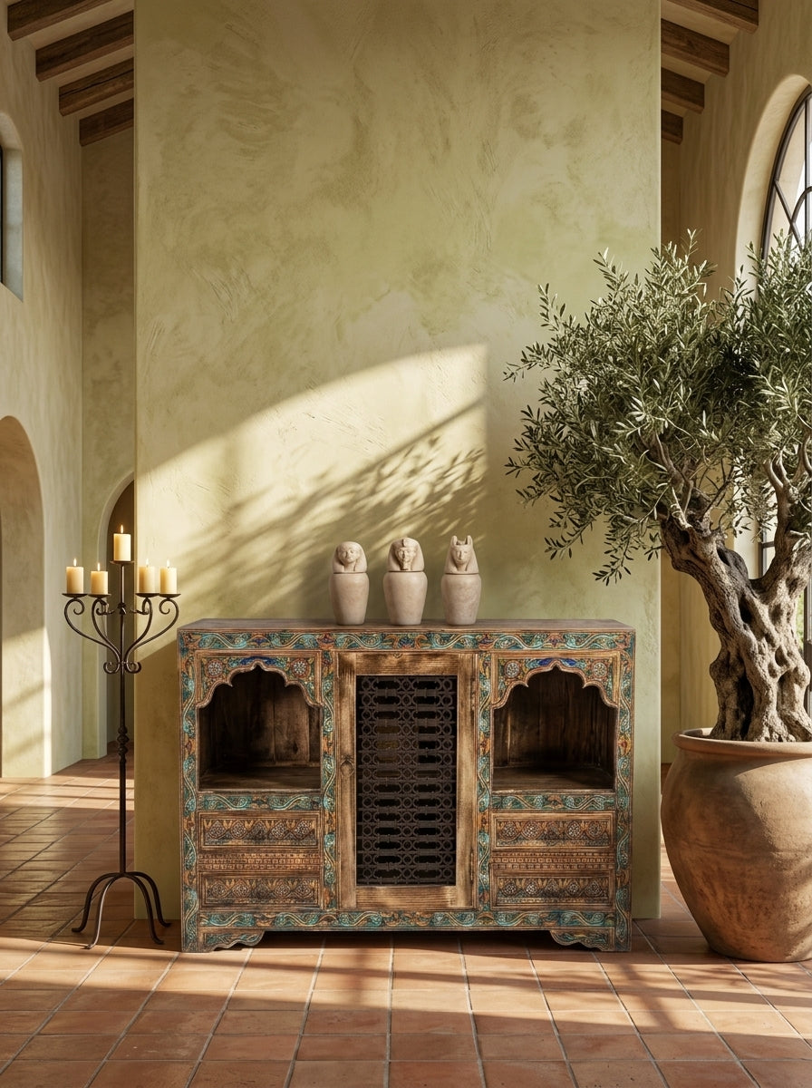 Hand-Carved Wooden Jharokha Sideboard Swati Art Door Accent Cabinet
