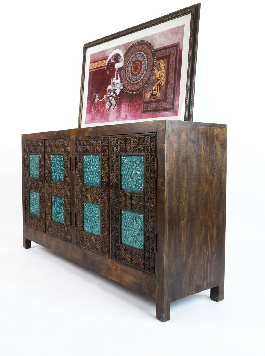 Hand-Carved Wooden Credenza Cabinet – Swati Art Tile Inlay Sideboard