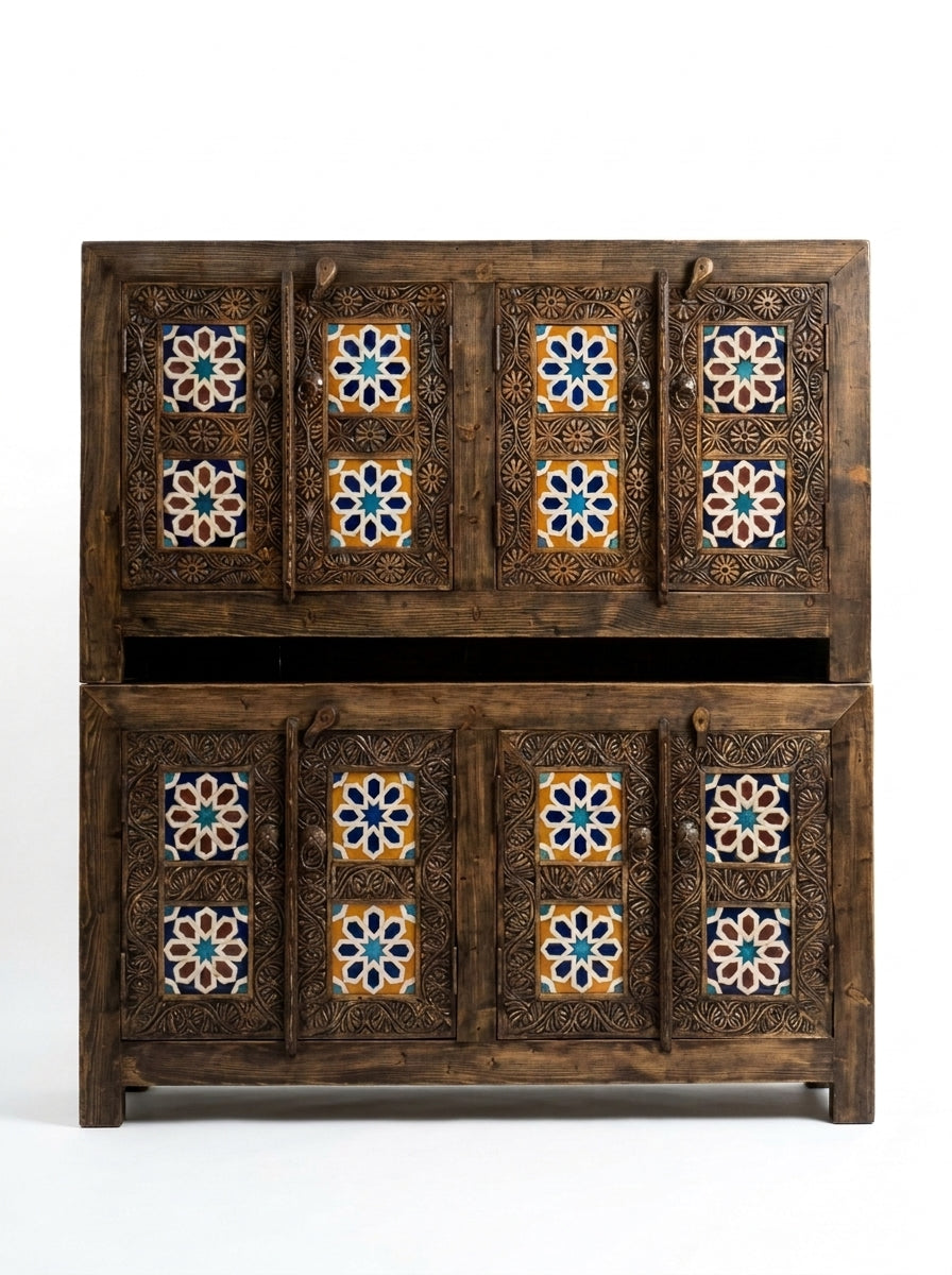 Hand-Carved Wooden 4-Door Swati Tile Inlay Cabinet Espresso Finish Credenza