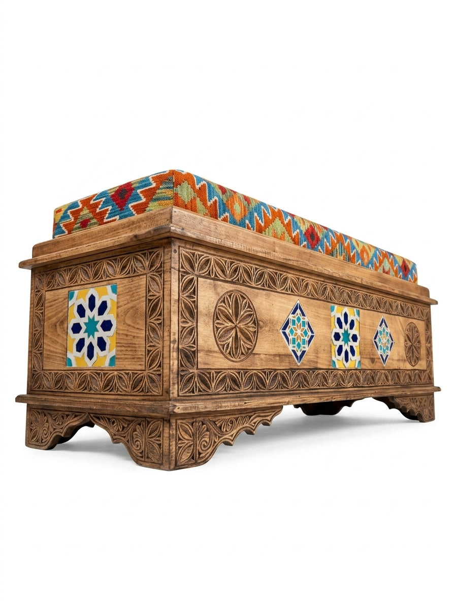 Hand-Carved Swati Wooden Storage Bench with Geometric Kilim Cushion
