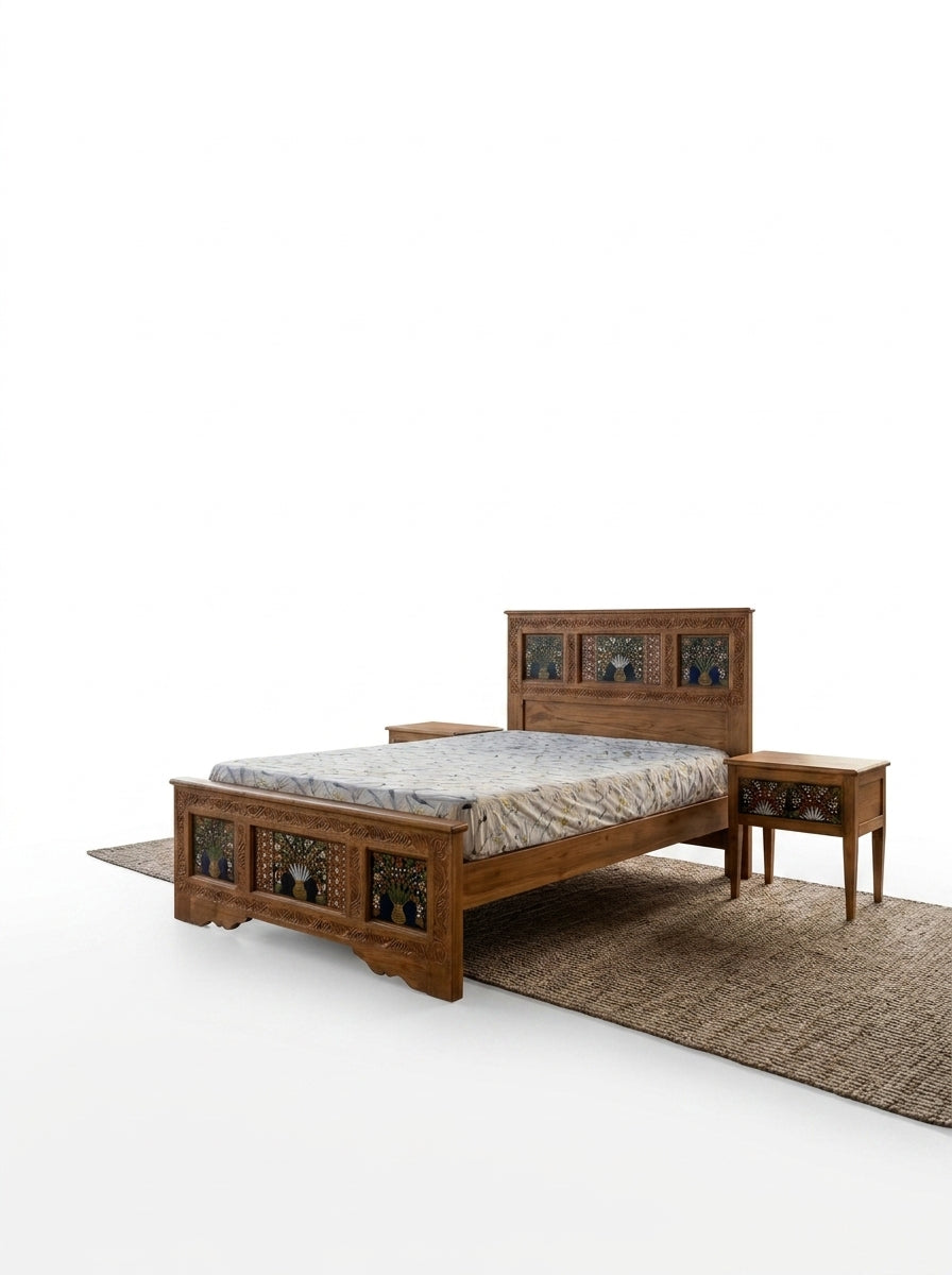 Hand-Carved Swati Floral Inlay Twin Bed with Matching Nightstand