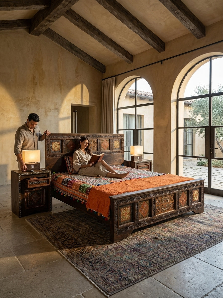 Hand-Carved Wooden Swati Bed Frame with Matching Nightstands