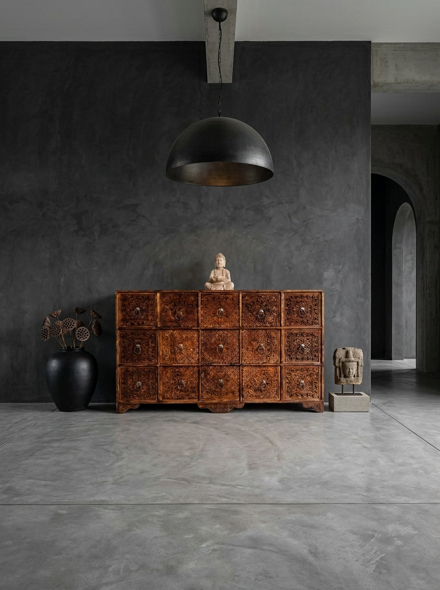 Hand-Carved Wooden 15-Drawer Apothecary Cabinet - Pure Wooden Cabinet