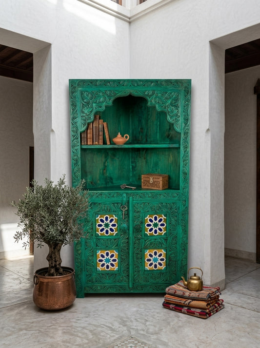 Hand-Carved Swati Green Wooden Corner Cabinet – Tile Inlay Cabinet