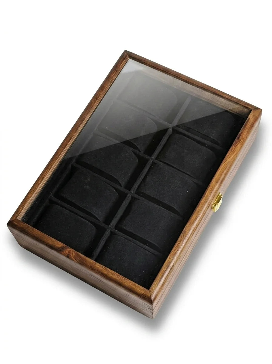 Handcrafted Wooden Watch Box | Glass Lid, Plain Design, Shape-Holding Cushions, 10 Watches