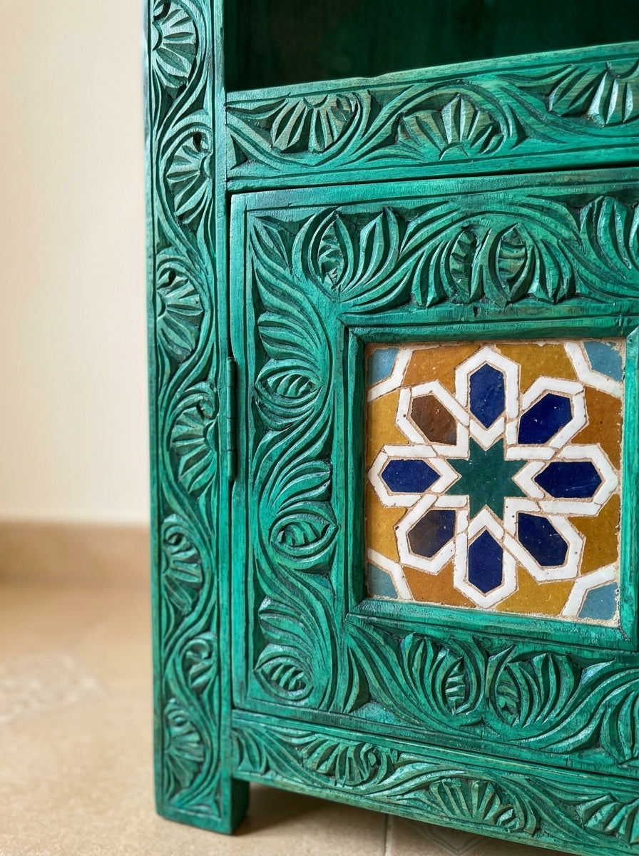 Hand-Carved Swati Green Wooden Corner Cabinet – Tile Inlay Cabinet