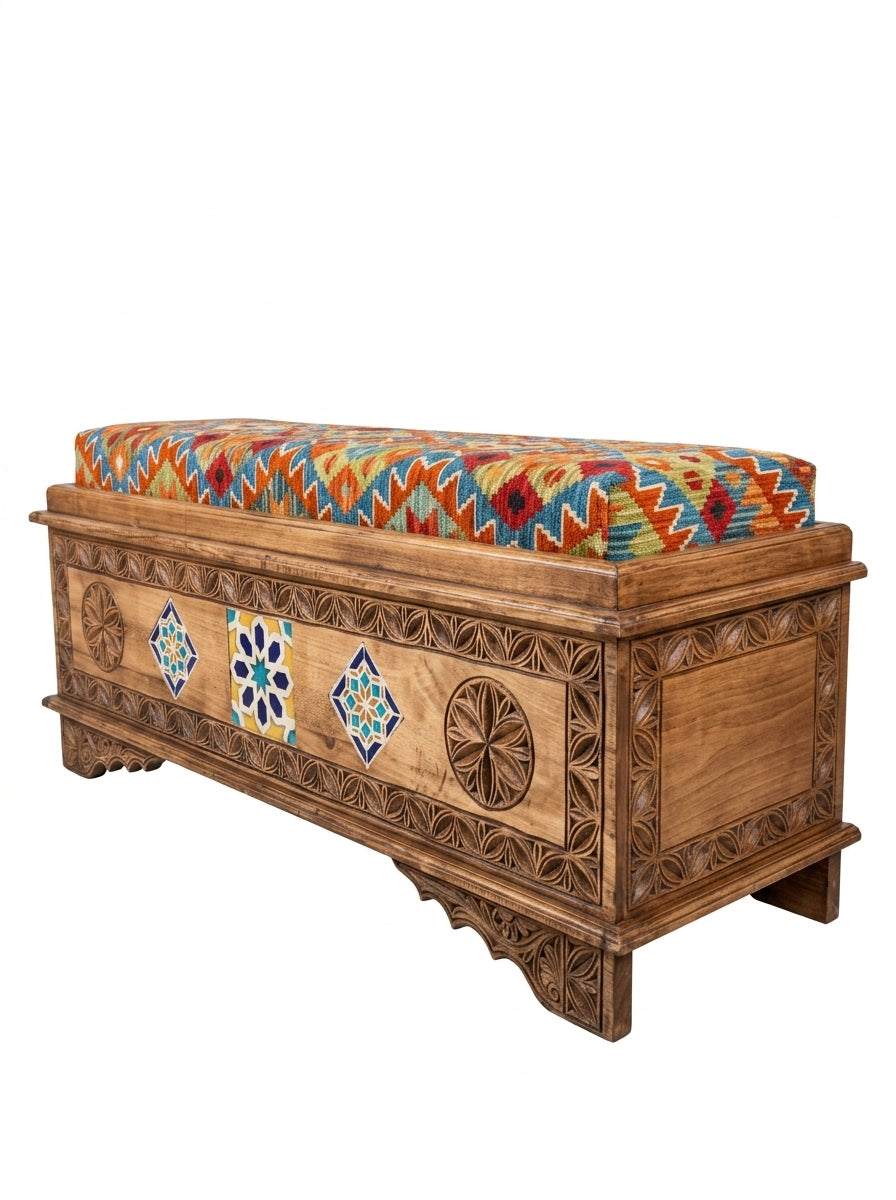 Hand-Carved Swati Wooden Storage Bench with Geometric Kilim Cushion