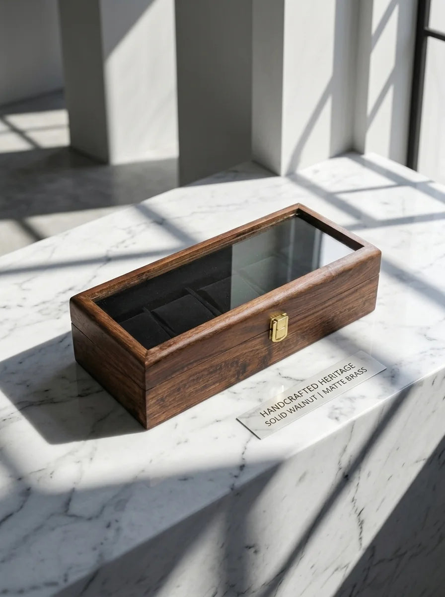 Handcrafted Wooden Watch Box 5 Slots | Glass Lid, Shape-Holding Cushions | Sheesham Wood
